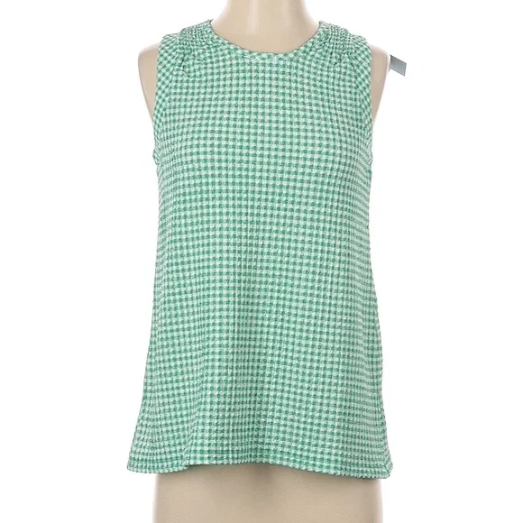 LOFT Green Gingham Sleeveless Tank Top Smocked Shoulder Shell - Picture 2 of 7